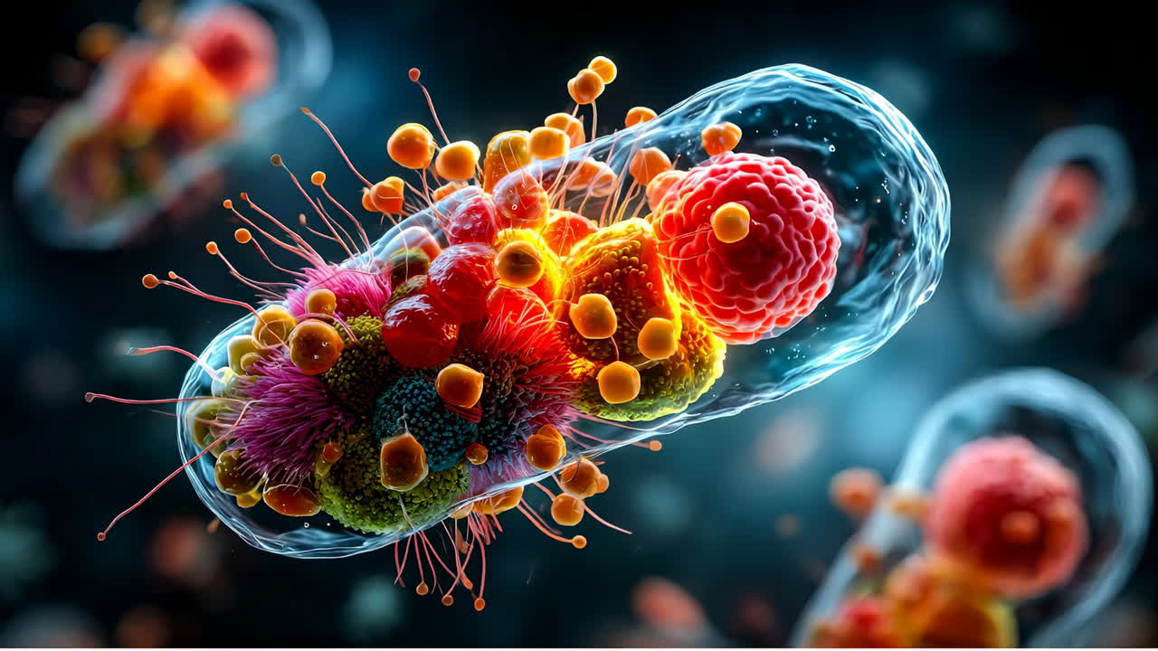 Arte colorata di batteri microscopici. Quest'opera d'arte raffigura una scena vivace di batteri circondati da vari elementi microscopici.