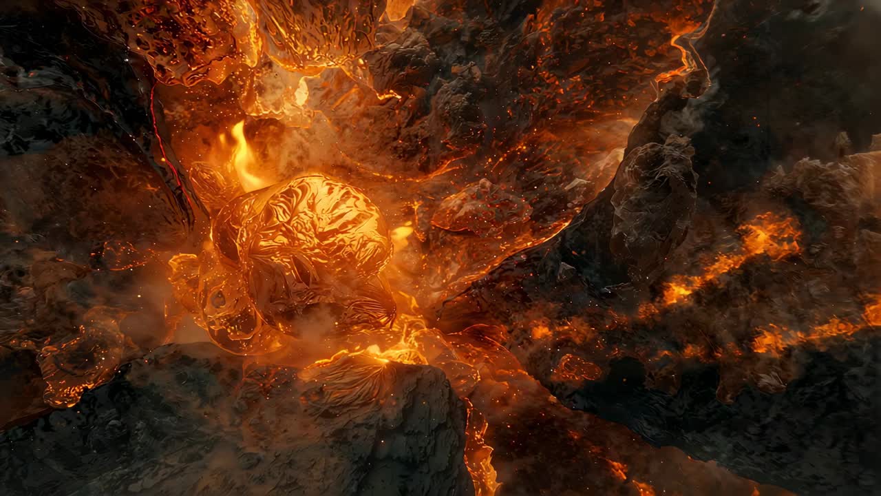 Emerging molten lava pouring over fissure edge into crevice, amid glowing embers and volcanic gas