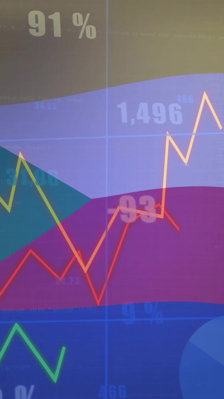 Financial data charts and graphs animation over flag background