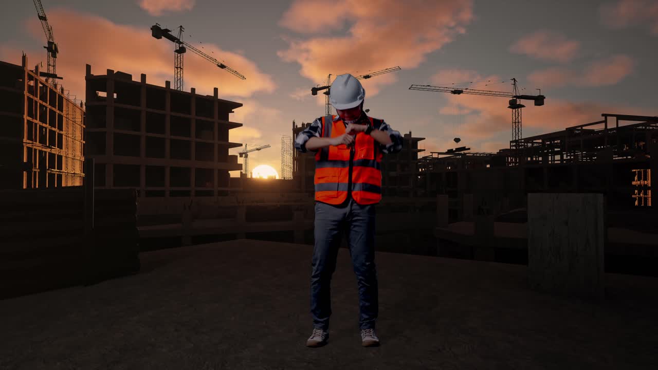 Full Body Of Asian Male Engineer With Safety Helmet Screaming Goal And Dancing Celebrating At Building & Construction Site in Progress to New House