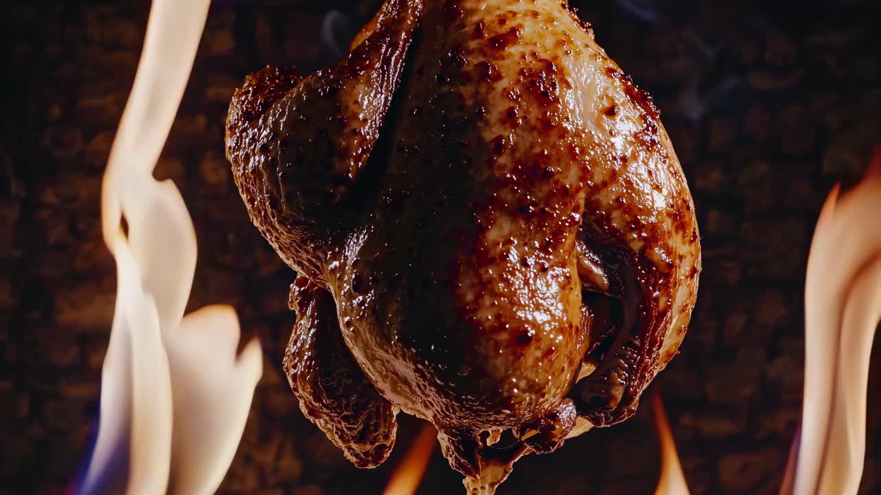 Close-up video of a roasted chicken surrounded by flames, shot from a low angle