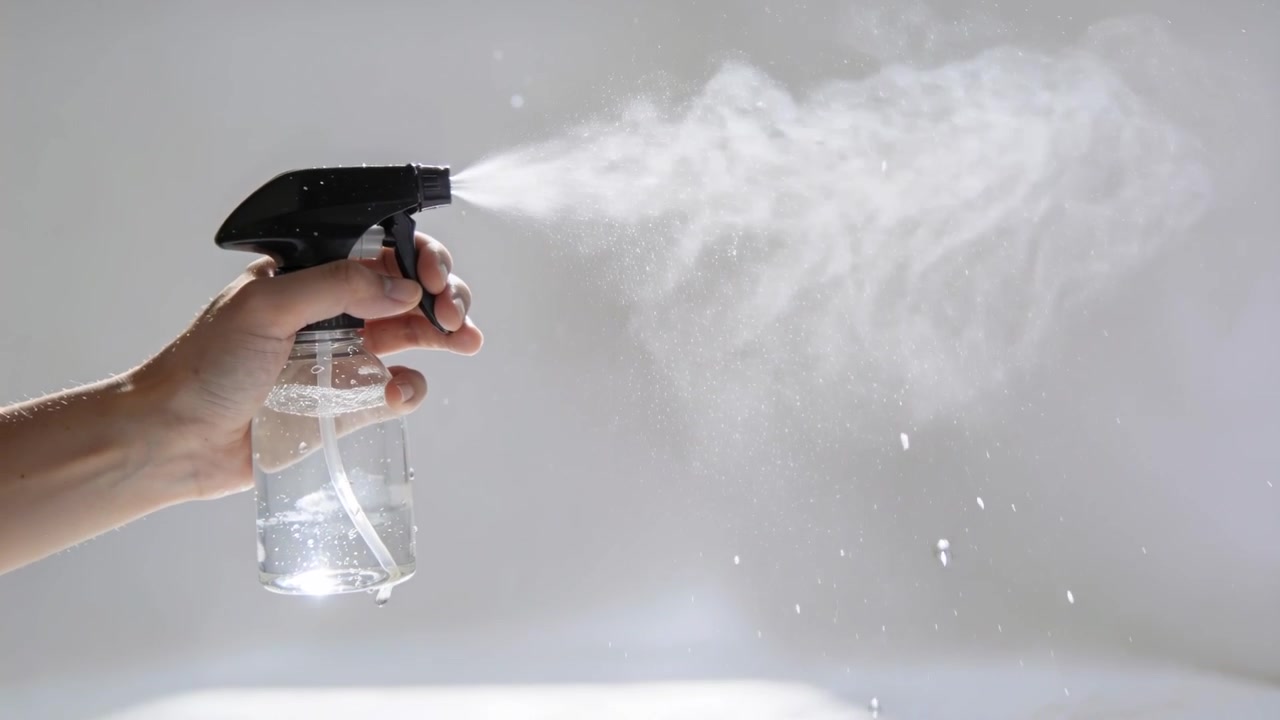 Una mano stringe una bottiglia spray trasparente che emette nebbia su una superficie, con ugello nero e spazio per il testo.