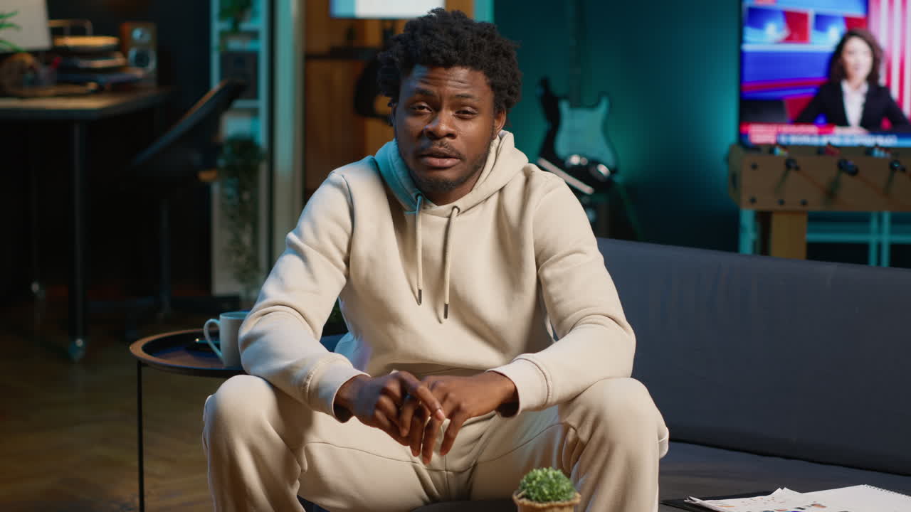 Newly hired man beginning his training session on remote video call connection, meeting online with a colleague and learning how to solve daily tasks. Young guy nervous about new job. Camera A.