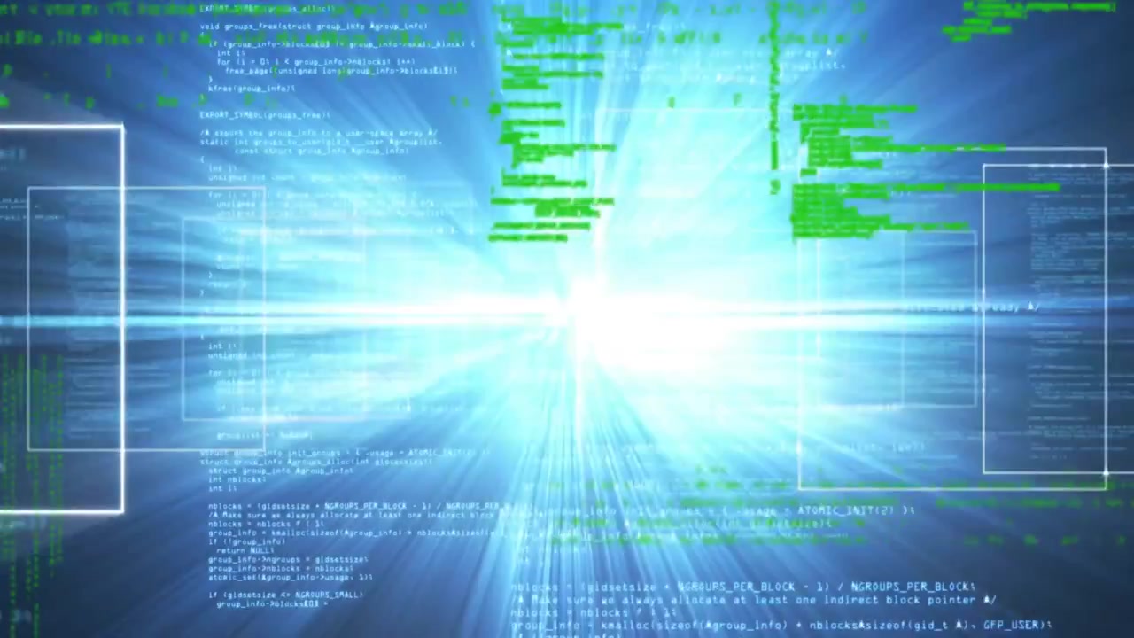 Windows showing on blue backdrop igniting green code scrolling and creating pulsing data tunnel