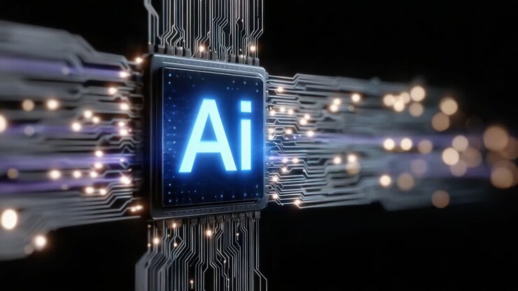 Circuito IA illuminato: vista ravvicinata di un microchip con brillanti lettere IA circondate da connessioni high-tech ed effetti di luce emanati