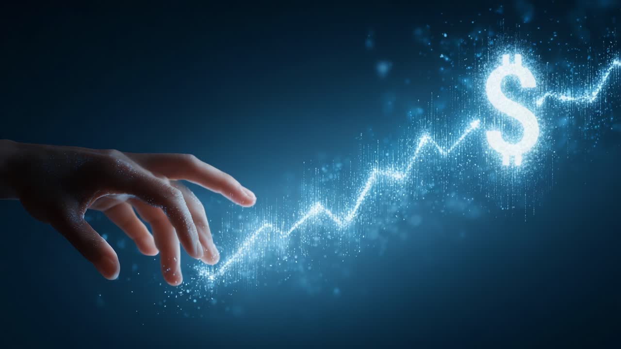 A Futuristic Hand Reaching Toward a Glowing Dollar Symbol, Representing Financial Growth and Digital Currency Concepts in a Dark Background