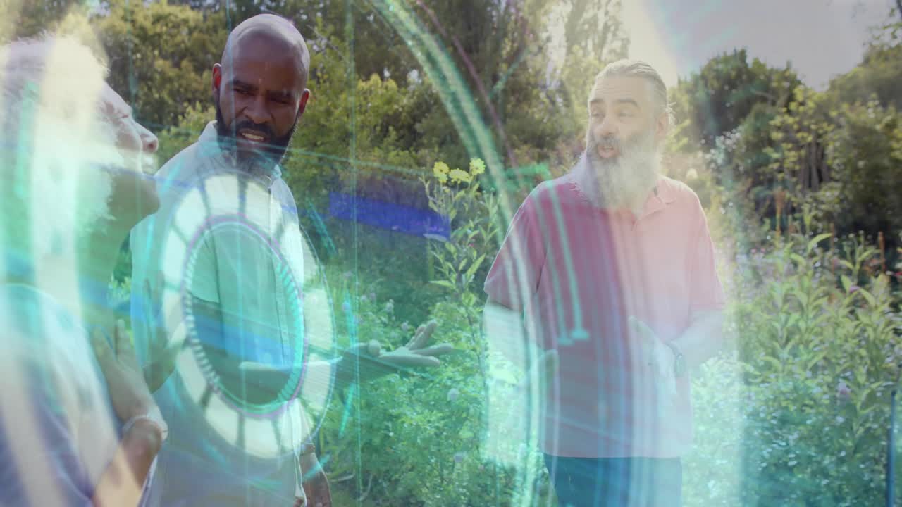 Bearded man raising hands and speaking trio discussing tech in garden neon ring sweeping over faces