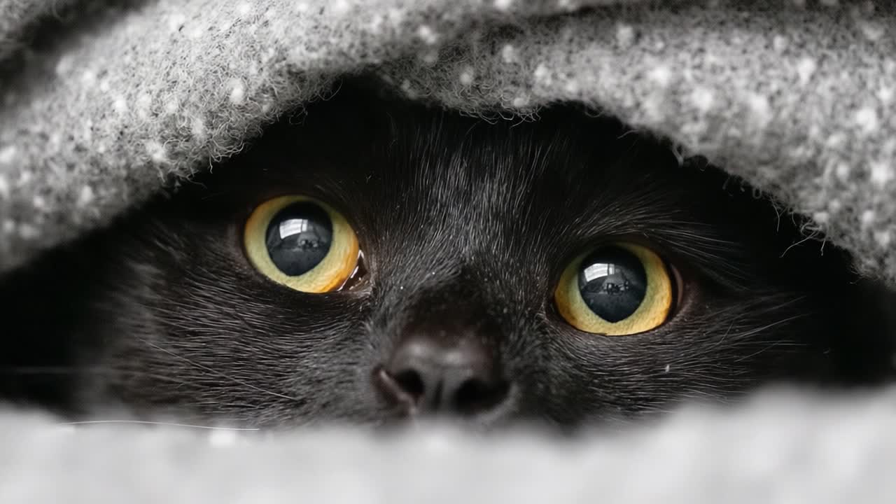 En nysgjerrig svart katt titter frem under et koselig teppe, viser frem sine lysegule øyne og et spennende uttrykk i et fengslende øyeblikk av feline nysgjerrighet.