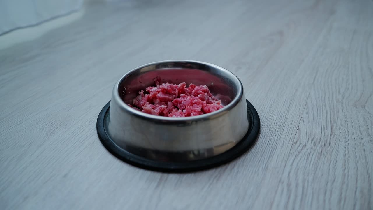Raw ground meat prepared in shiny steel bowl on bright wooden home flooring