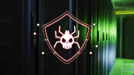 cybersecurity threat animation with skull and spider icon over server racks