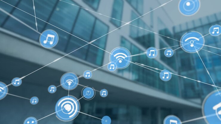 Music and Wi-Fi icons connected by lines, network connectivity animation over building
