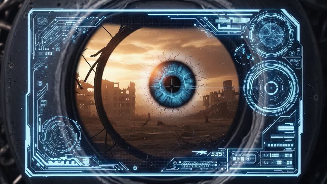 Futuristic Cybernetic Eye Observing a Post-Apocalyptic Landscape Through a High-Tech Interface, Capturing the Atmosphere of Destruction and Technology in Harmony