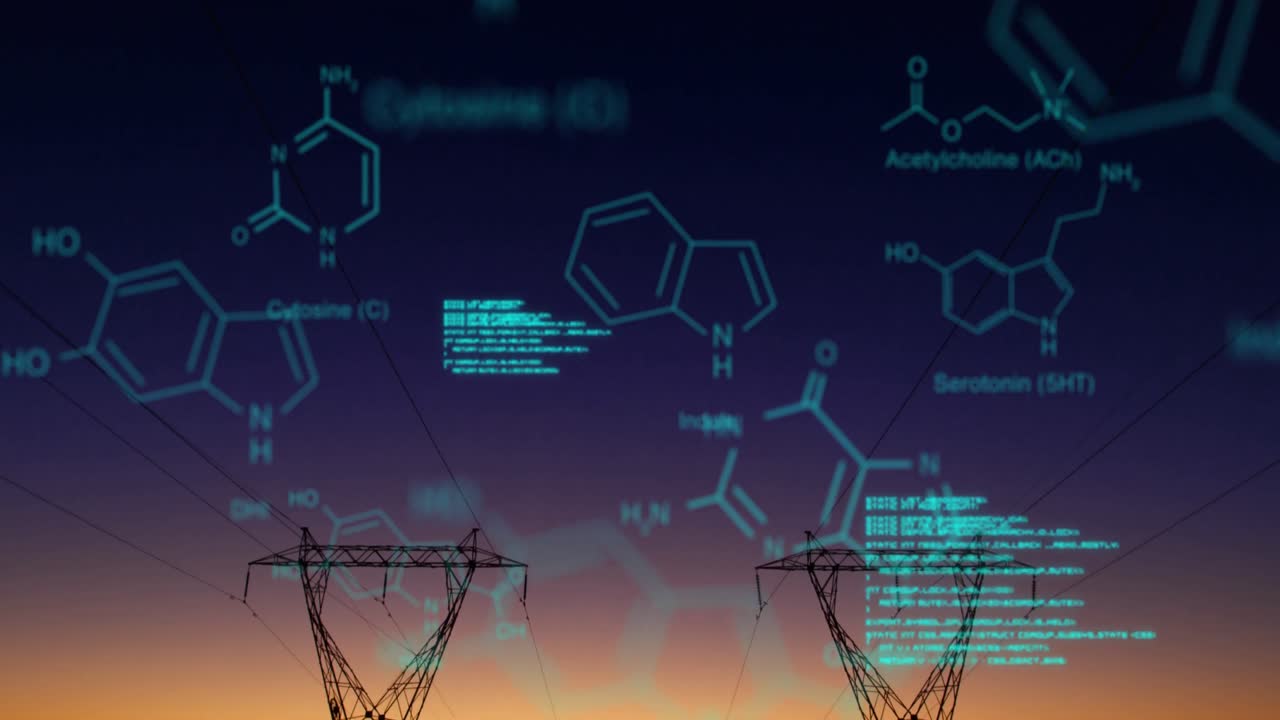 Chemical structures with program codes and a background of transmission towers