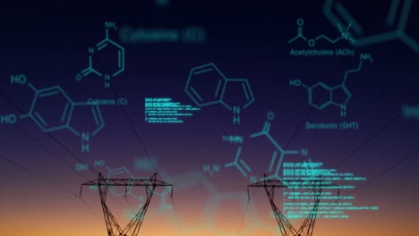 chemical structures with program codes and a background of transmission towers