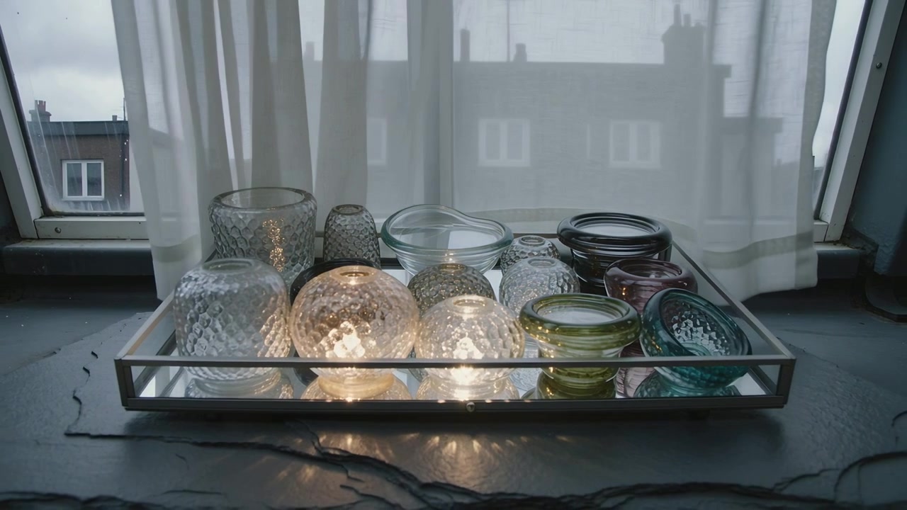 Shifting curtain revealing light, tray with glowing glass holders and LEDs on sill warming scene