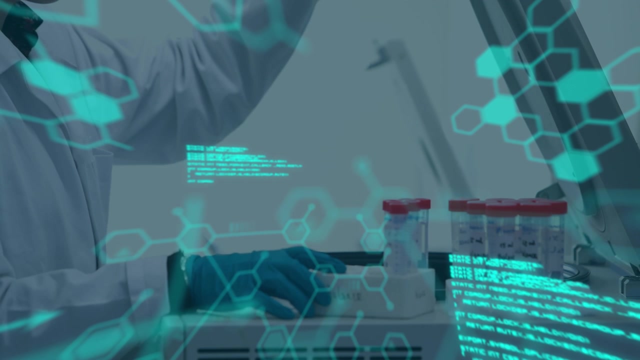 Animation of molecules and data processing over caucasian scientist in lab