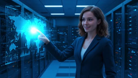 a professional woman interacts with a digital touchscreen interface displaying a global map in a high-tech server room, showcasing advanced technology and data management