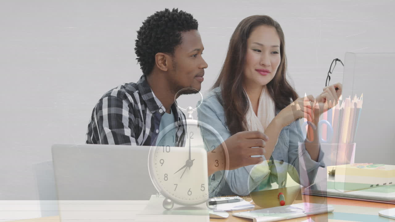 Animation of clock over diverse business people talking
