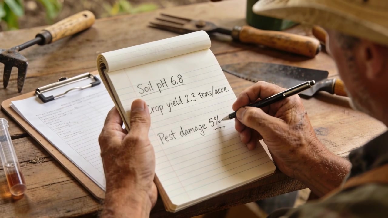 Underlining farmer in plaid shirt, hat checking soil results on workbench, flipping notepad