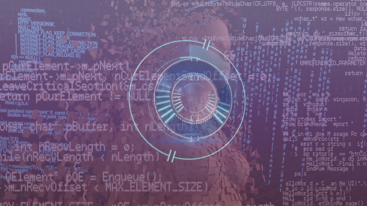 animación de formas púrpuras sobre escaneo de alcance con procesamiento de datos en fondo púrpura