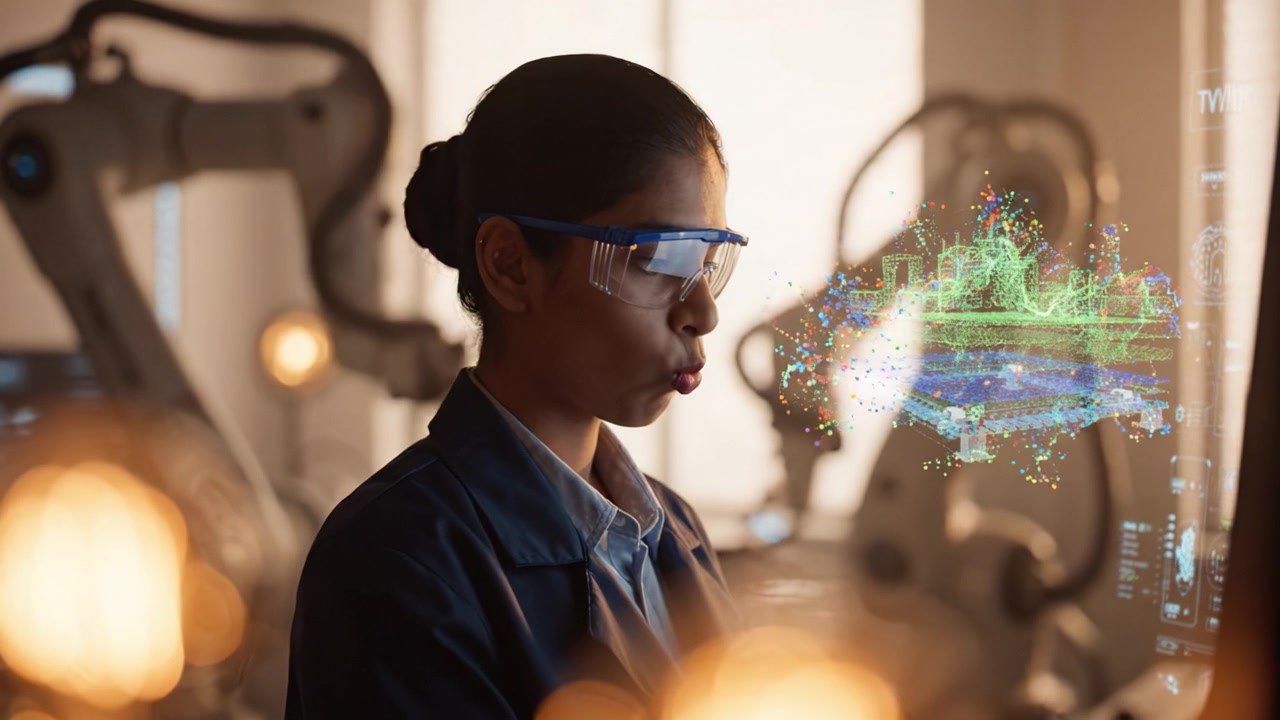 Frau mit Schutzbrille analysiert 3D-Modell mit fortschrittlicher Robotik in einer High-Tech-Laborumgebung, was Innovation und Technologieintegration veranschaulicht.