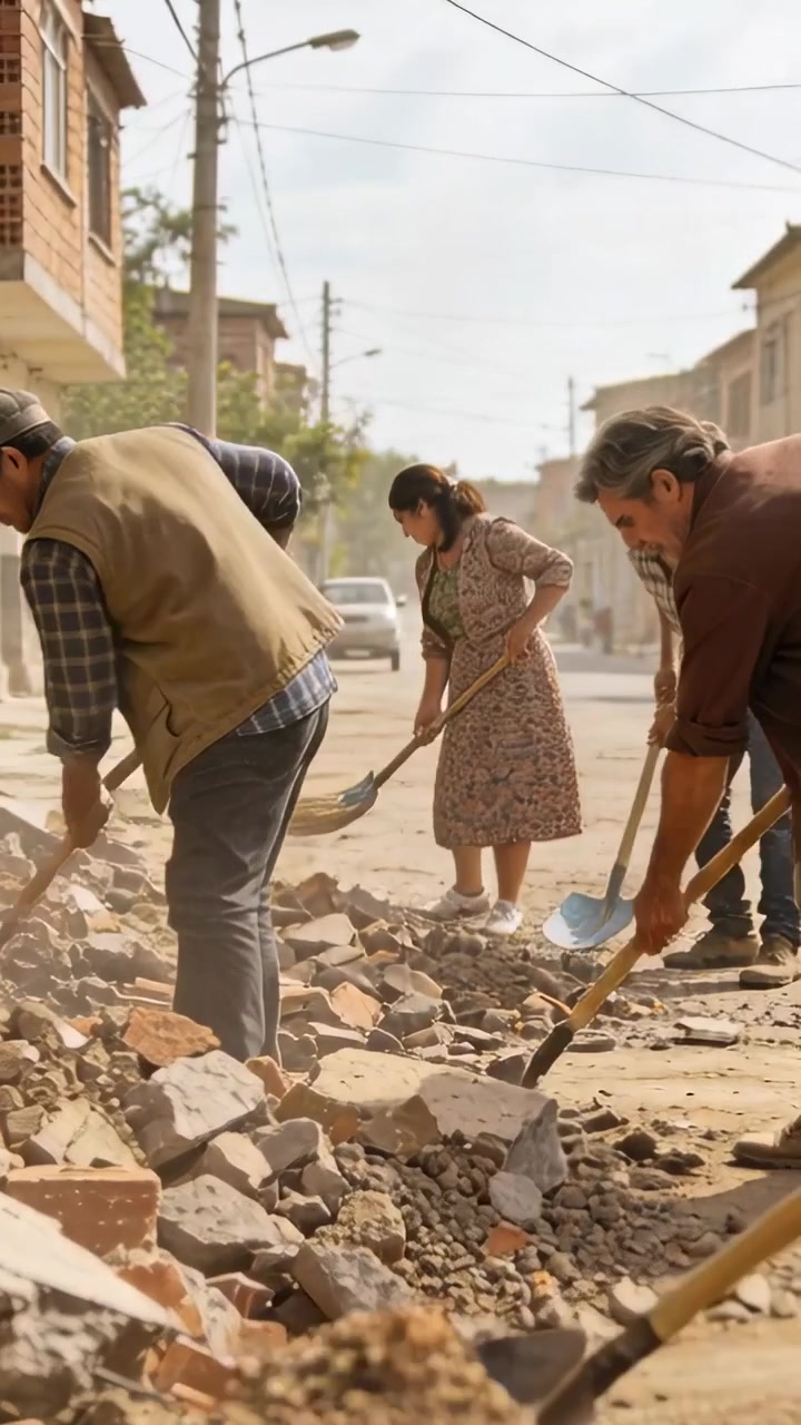 Vertical video: Clearing rubble blocking road, locals in vest, cap and dress shoveling with shovels