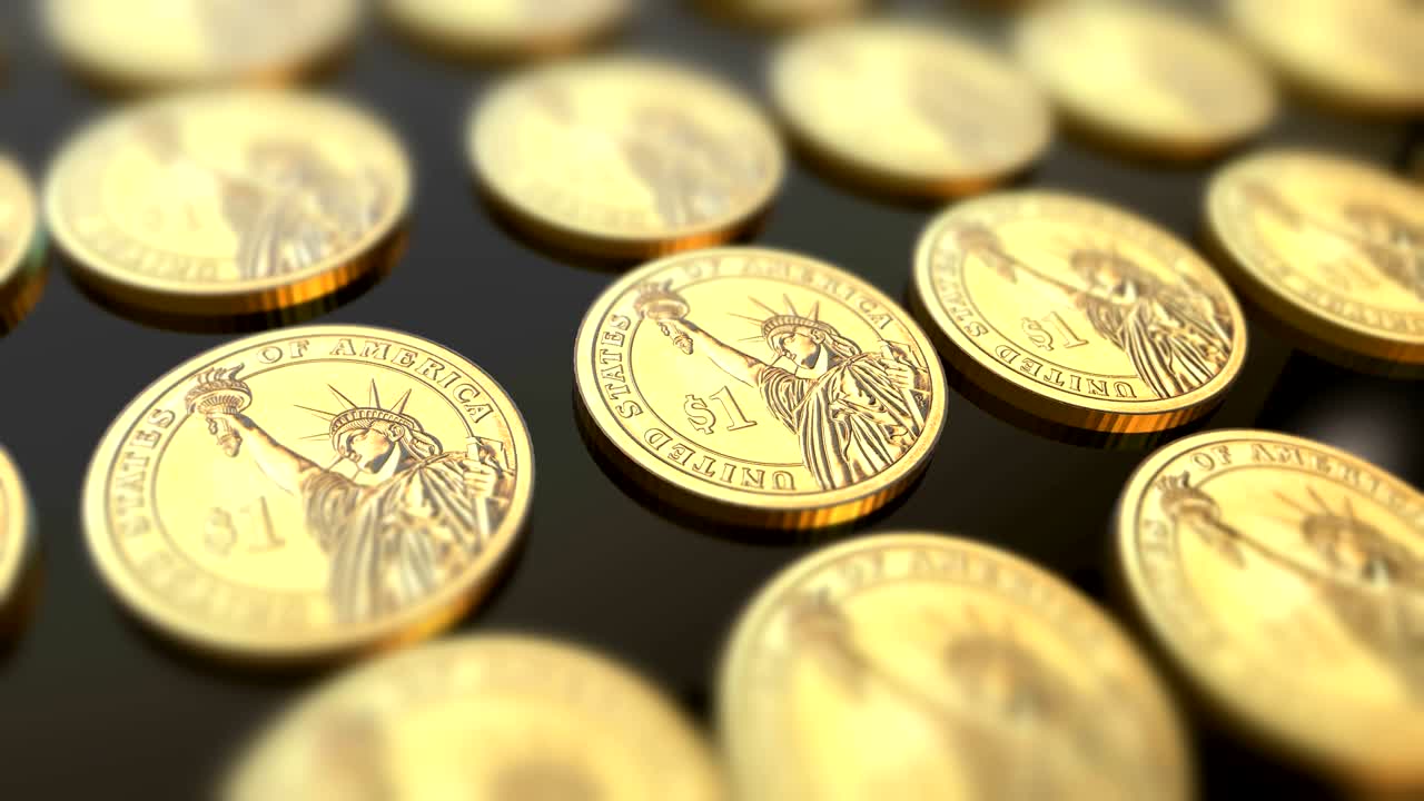 monedas de dólar brillantes en una fila de fondos animados