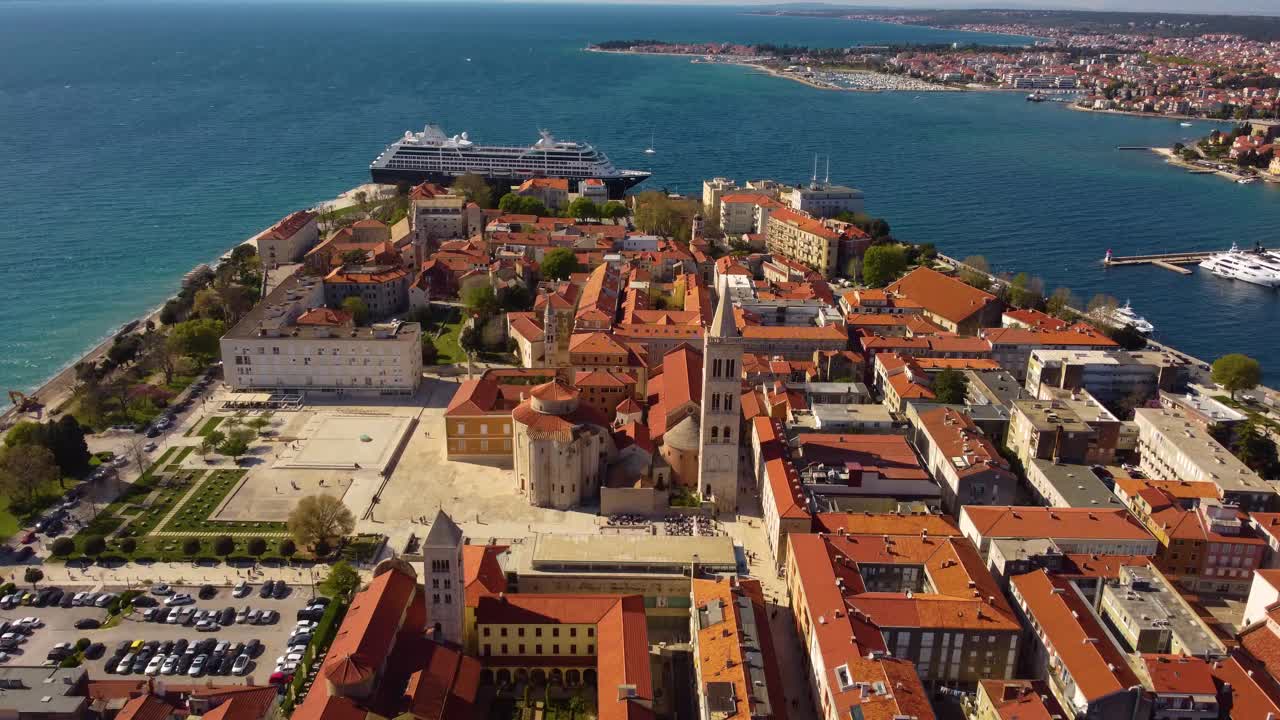 4K slow bird's eye perspective tracking shot over Zadar, Croatia