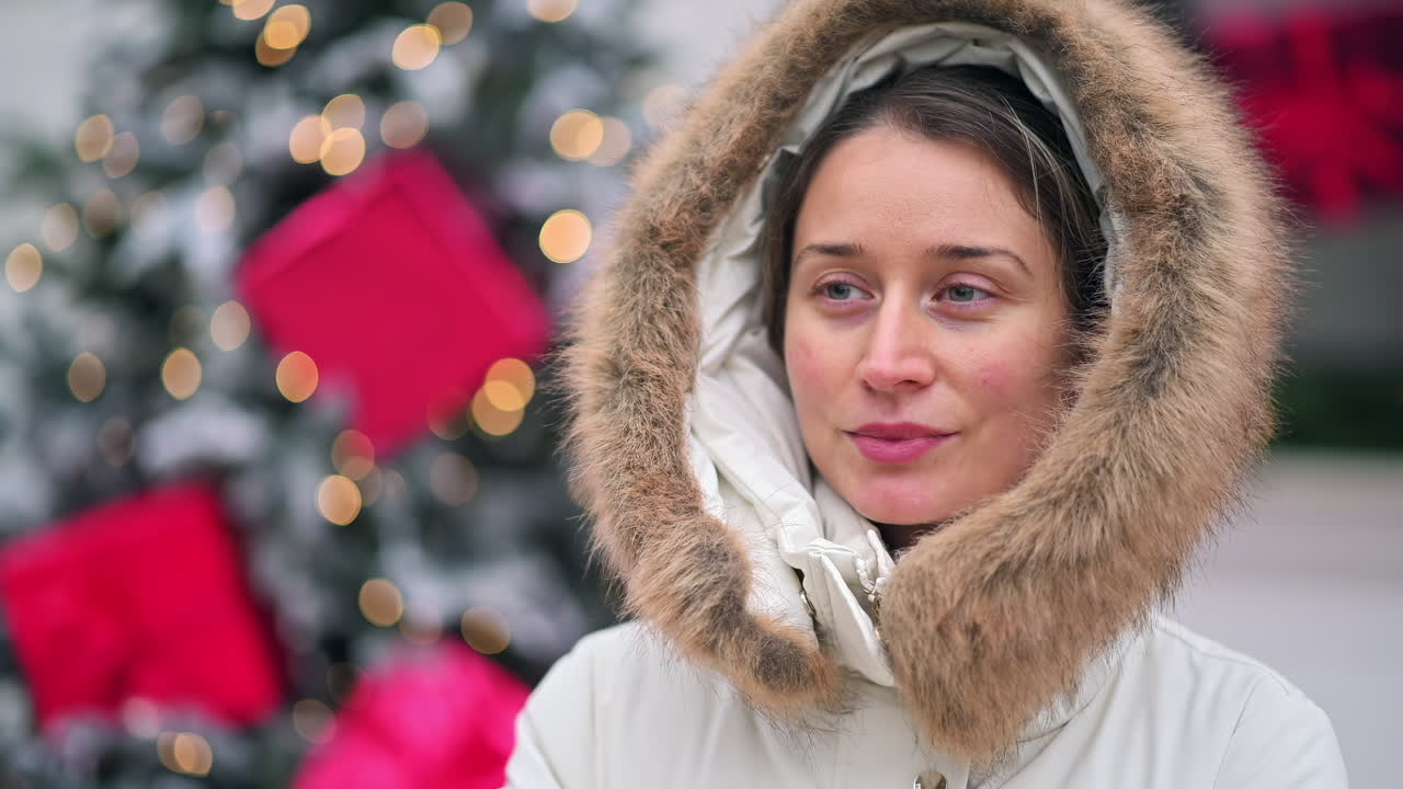 A woman wearing a warm winter coat with a fur hood smiles while standing close to a beautifully decorated Christmas tree full of lights and ornaments. Red gift boxes surround her