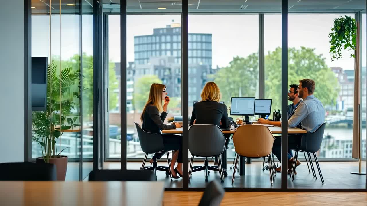 Wide-angle shot of a modern office meeting, with people collaborating around a table