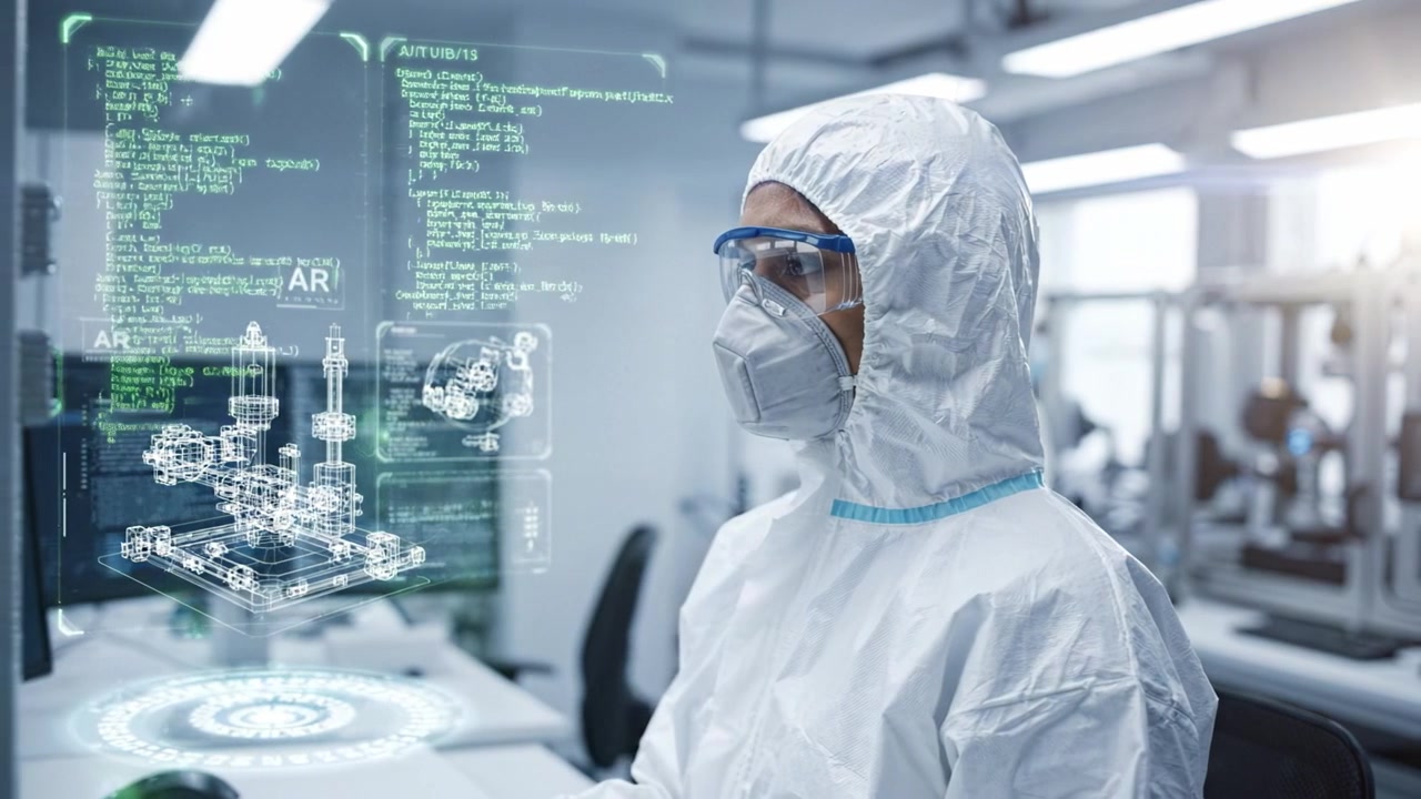 A focused researcher in a protective suit analyzes augmented reality data while working on advanced technology projects in a futuristic laboratory environment.