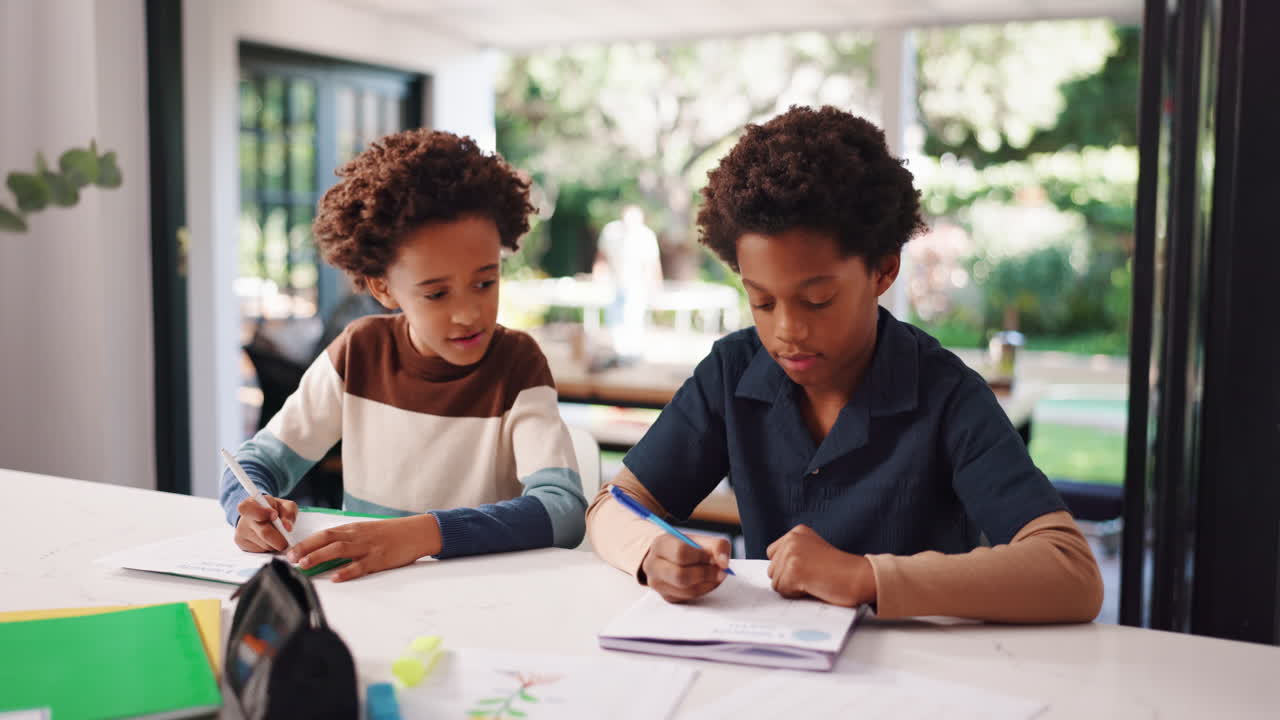 Two boys doing homework at home