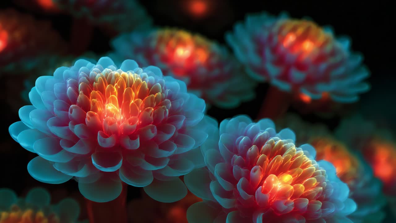 A captivating display of vibrant, glowing flowers showcases unique structures and color gradients, creating an enchanting and dreamlike atmosphere that draws the viewer into a world of luminous beauty and intricate details