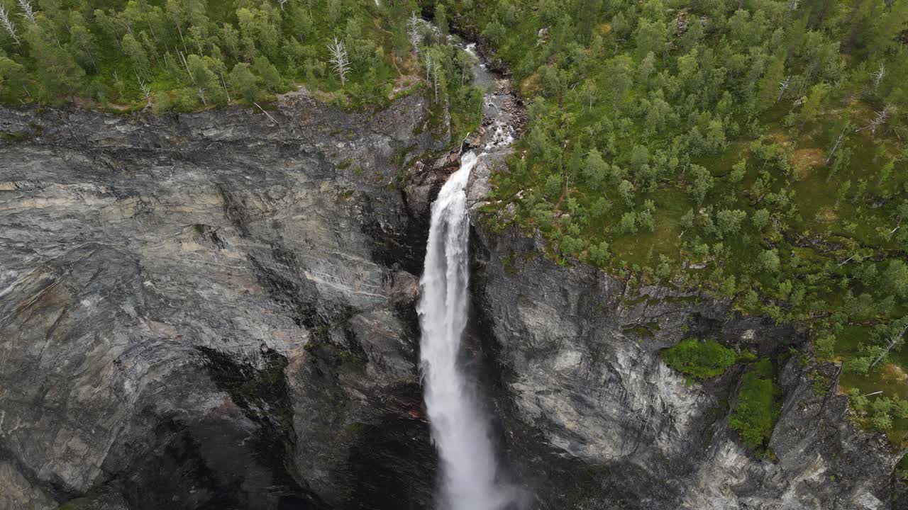 Areal footage of Vettisfossen waterfall in Norway