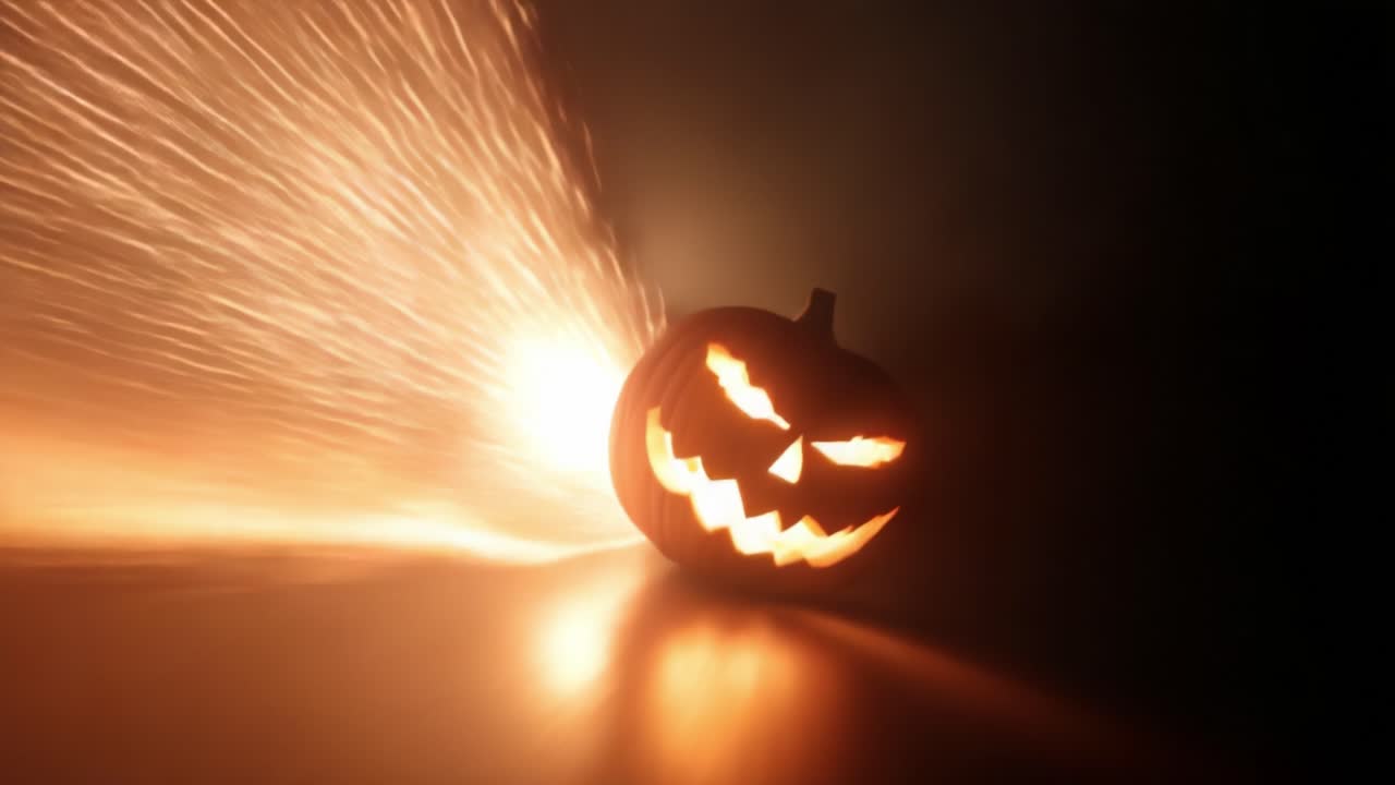 Una scena spettrale di Halloween con una zucca intagliata luminosa ed effetti scintillanti, che cattura l'essenza dei brividi festivi e delle atmosfere emozionanti.