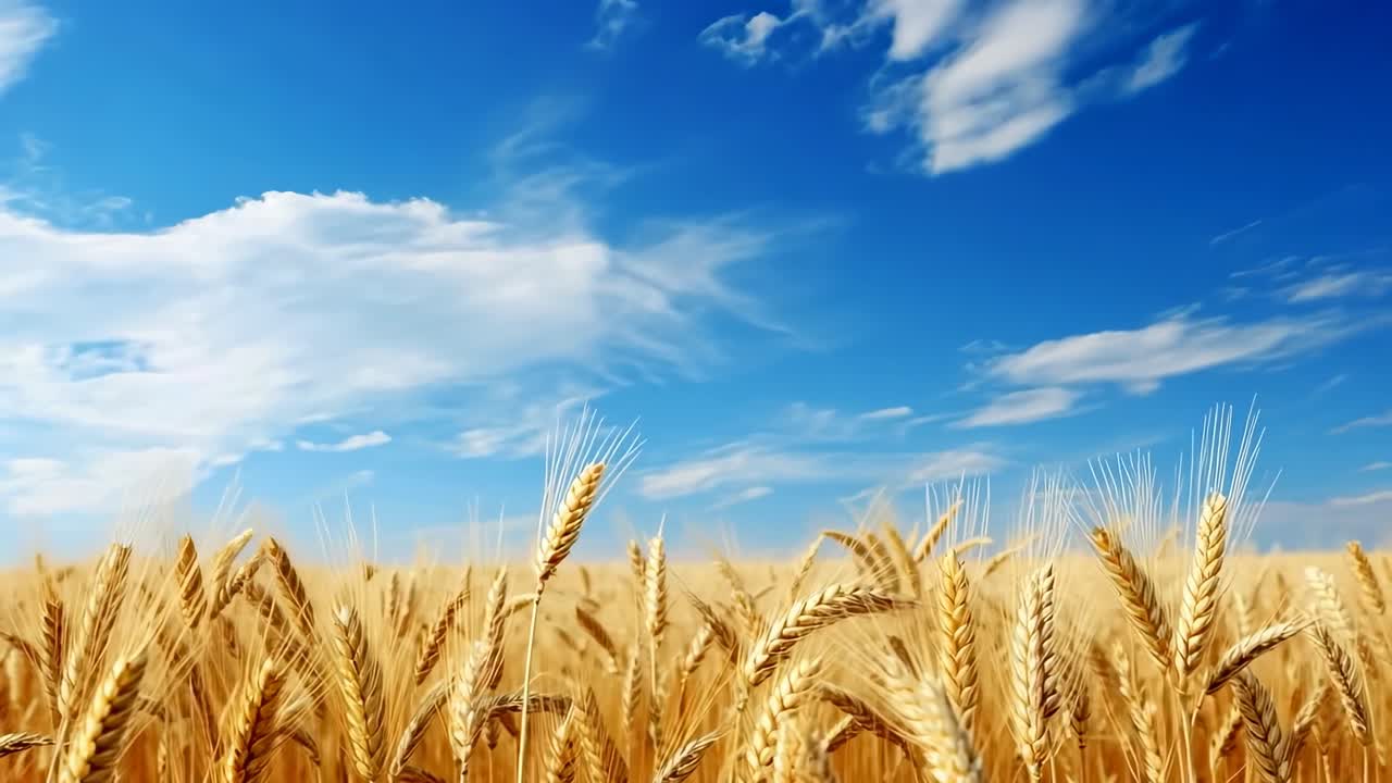 Low-angle video capturing a golden wheat field under a vibrant blue sky with scattered clouds