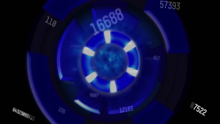 Blue circular data visualization animation with numbers and glowing segments