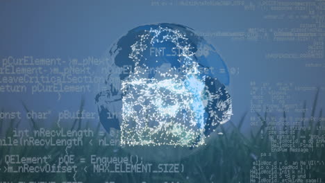 animation of data processing over globe with padlock and grass