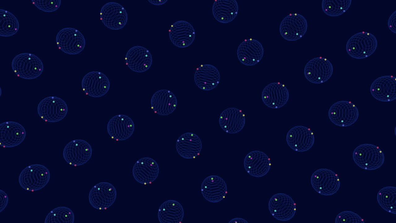 Abstract technology footage of floating wireframe spheres with colorful glowing nodes on a dark blue background, ideal for data, AI, blockchain, and science themes