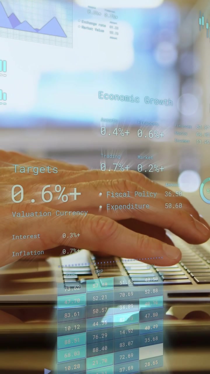 Vertical video: Analyst typing after rest, causing finance HUD updating charts, settling on targets