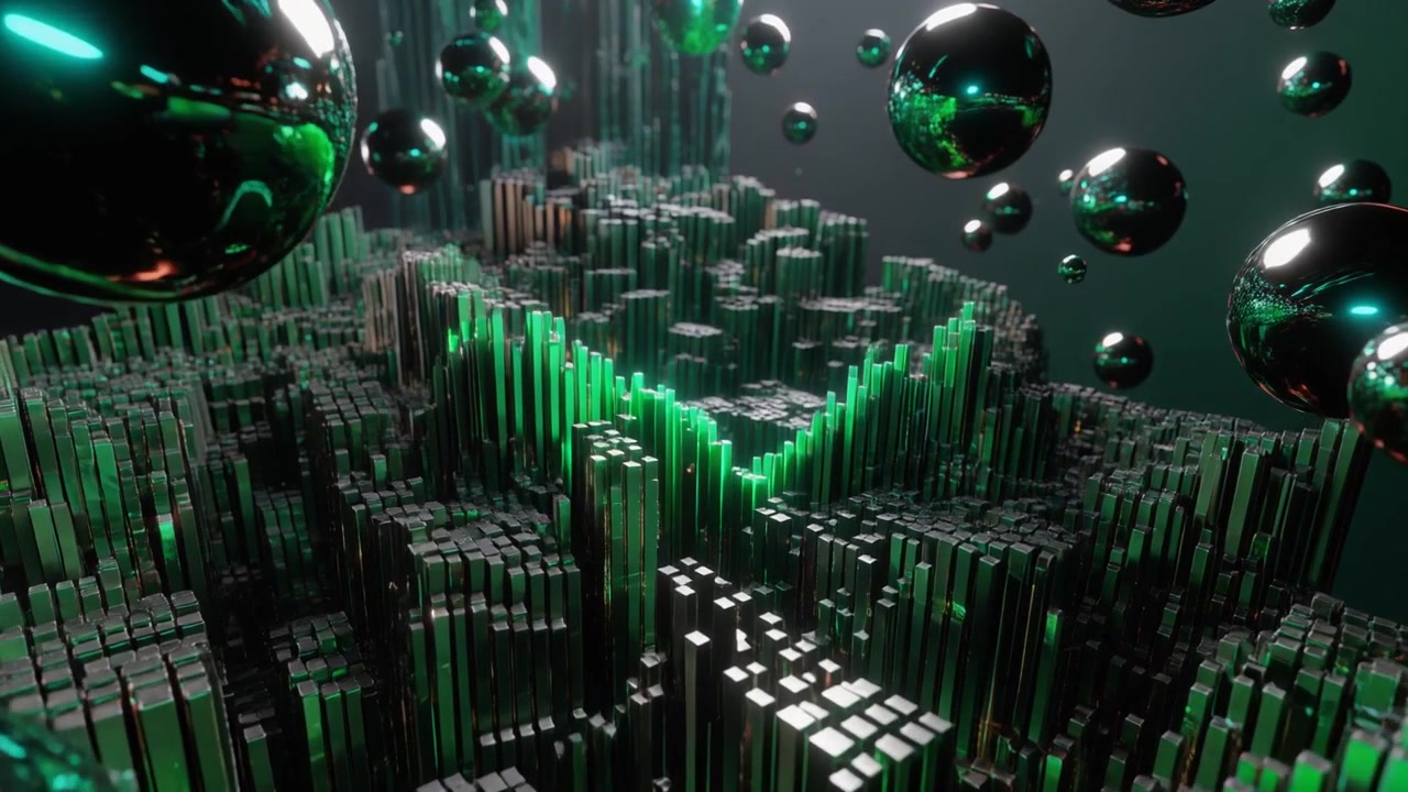 Abstract 3D Animation of Green Glowing Cubes and Floating Metallic Spheres