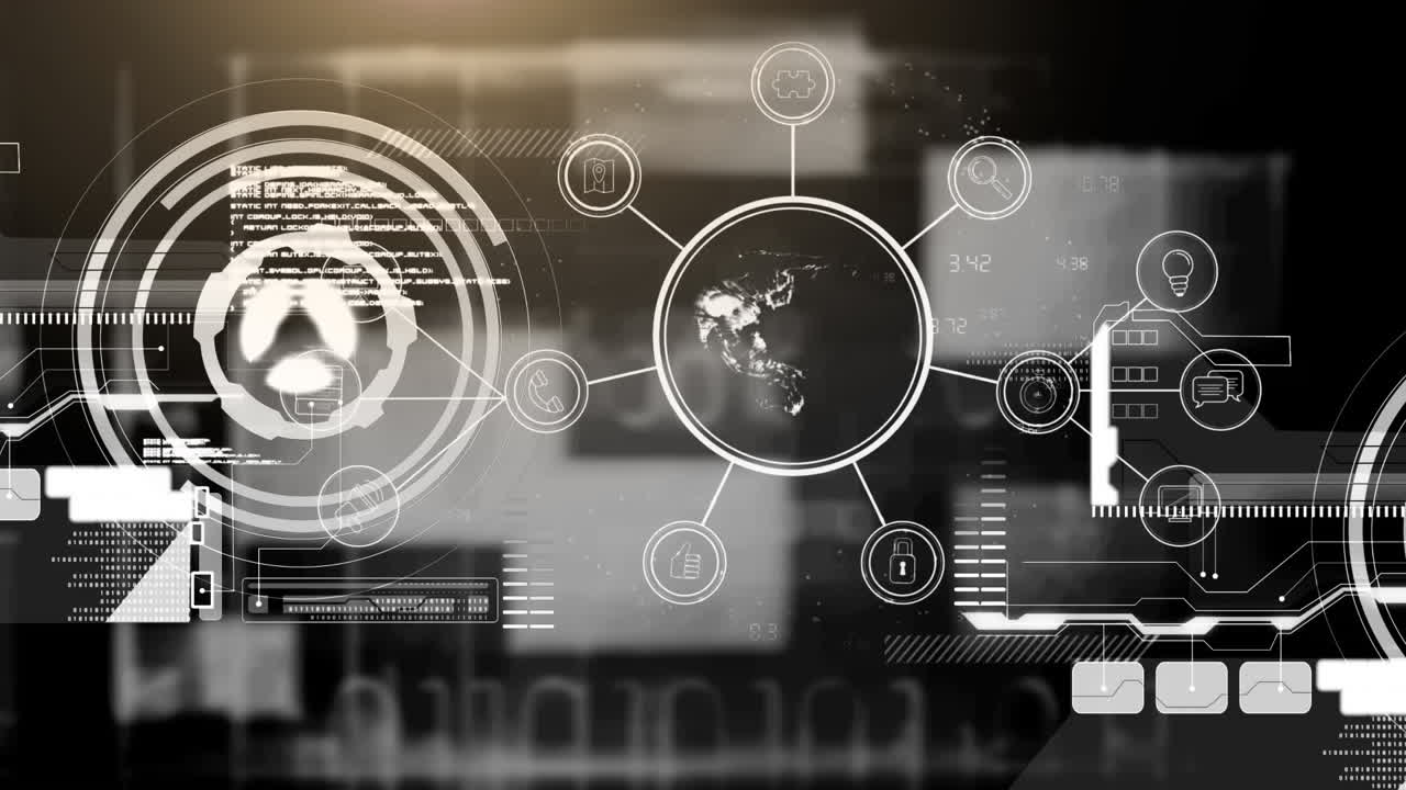 Animation of scopes scanning, globe and data processing over digital screen