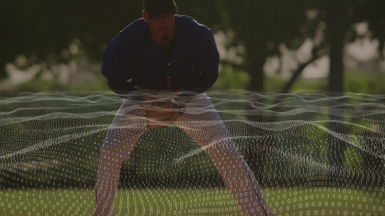 Baseball player preparing to catch with digital data animation overlay