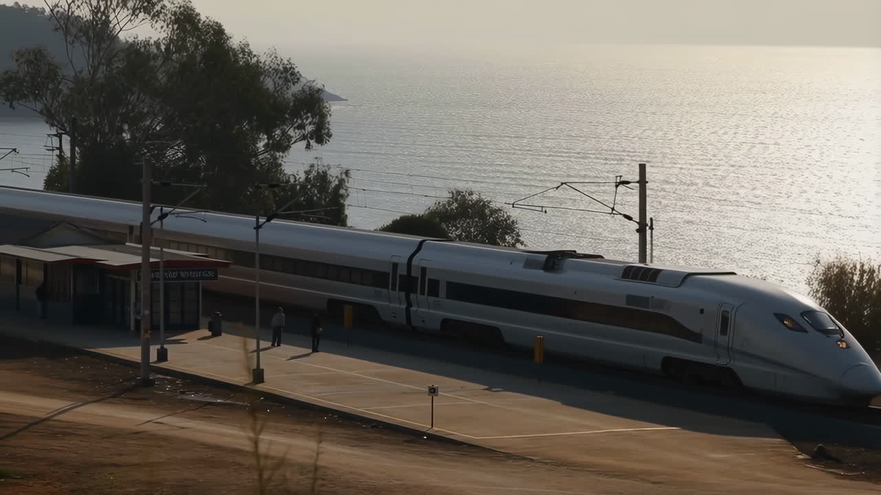 High-Speed Train at a Scenic Waterfront Station