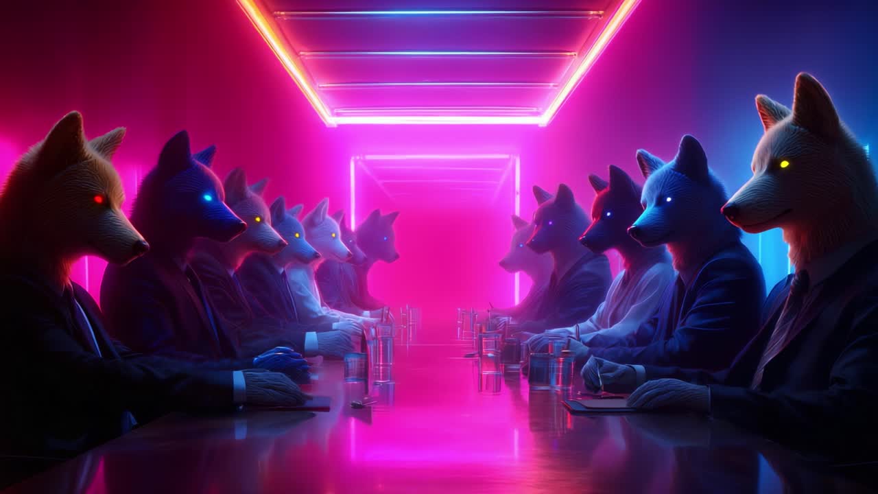 A surreal gathering of individuals wearing wolf masks around a futuristic neon-lit conference table, symbolizing secrecy, anonymity, and a contrast between modern technology and nature