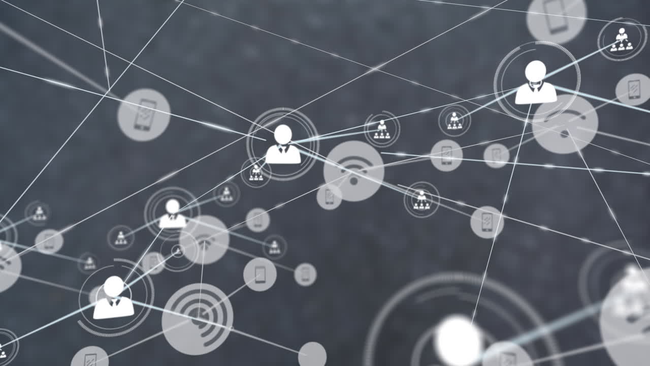 animación de una red de iconos digitales contra un fondo gris