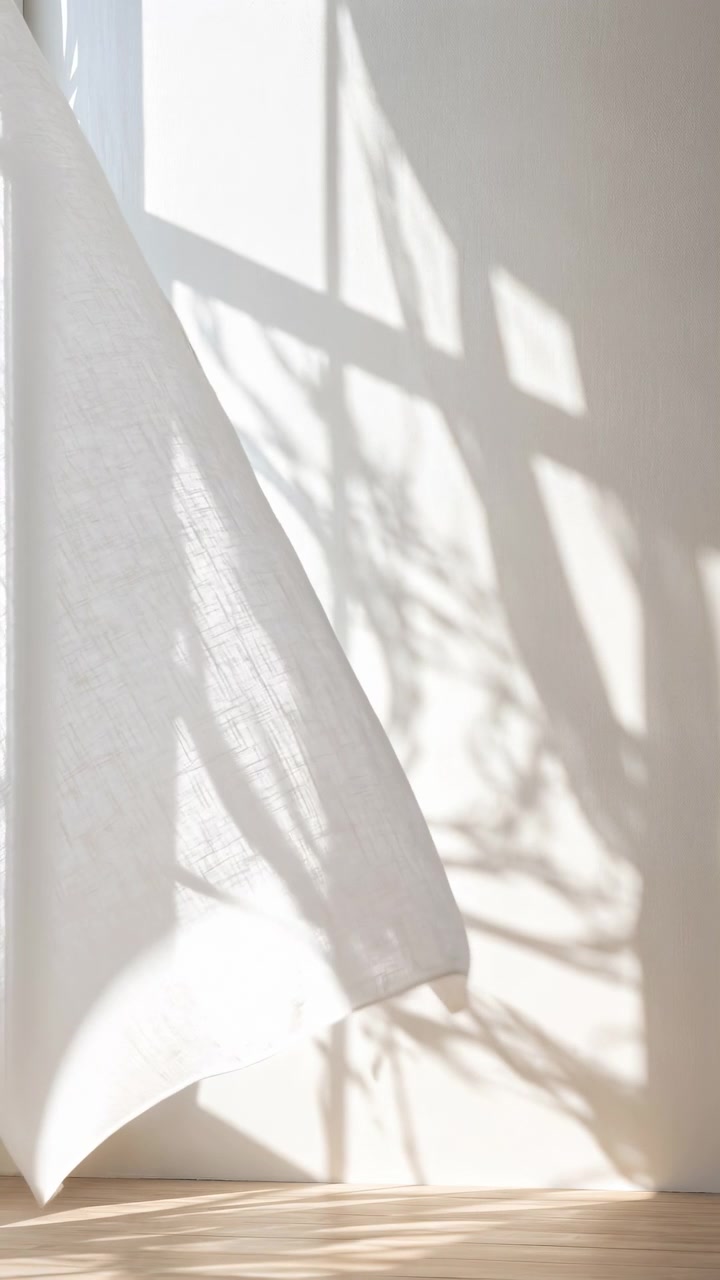Lightweight translucent fabric sways back and forth in bright daylight as window geometry and moving foliage shadows fall across a pale wall and warm wooden floor.