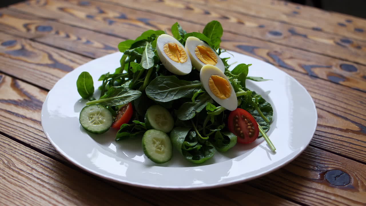 Fresh Salad with Greens, Hard-Boiled Eggs, Cucumber, and Tomato