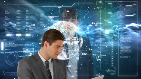 animación de un hombre de negocios caucásico sobre diversos datos y una mujer usando pantalla táctil