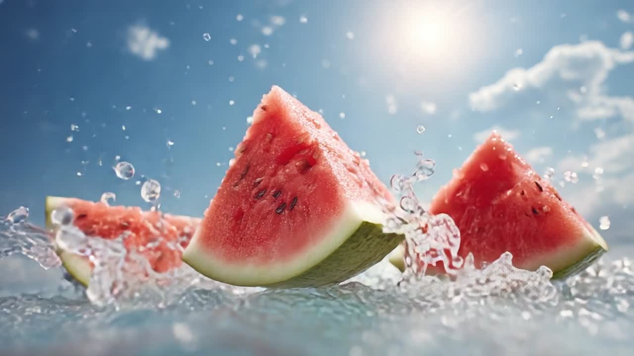 Wassermelonenscheiben platschen in klarem Wasser unter strahlender Sonne.